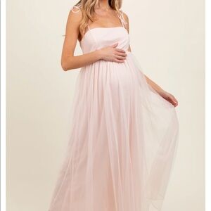 NWOT PinkBlush Light Pink Square Neck Shoulder Tie Tulle Maternity Maxi Dress